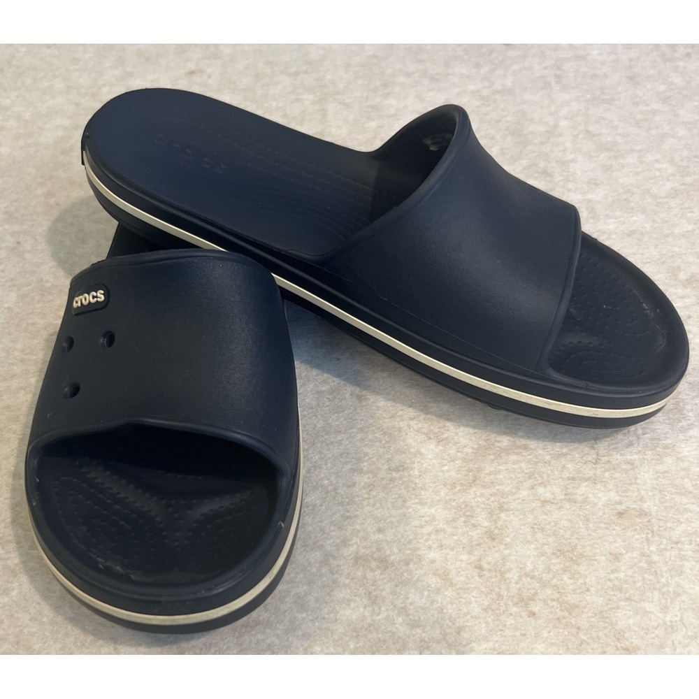 Crocs Mens 5 and Womens 7 Crocband Slide On T Sandals Navy Blue flip flops Beach